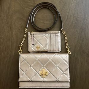 Metallic Rose Gold Tory Burch Crossbody Bag with Matching Card Case